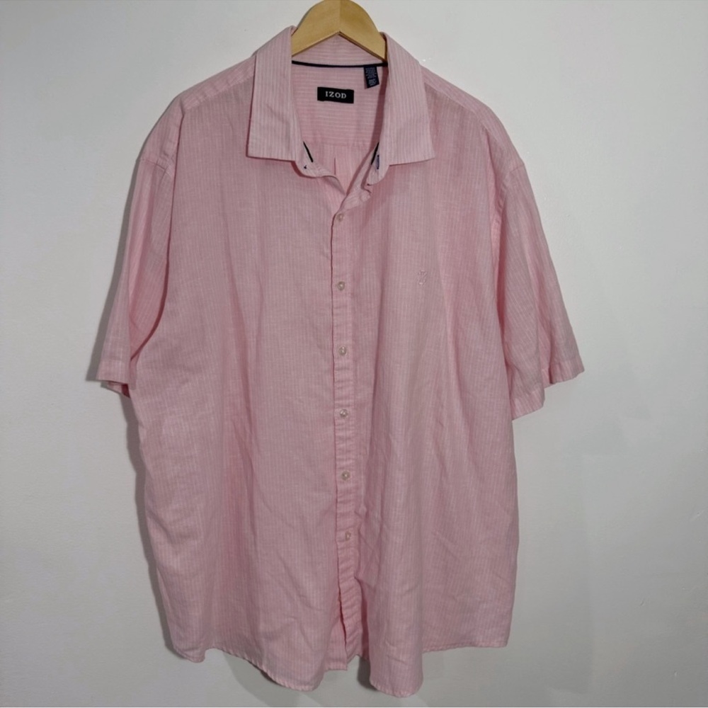 IZOD Men's Pink Short Sleeves Linen Blend Button Down Striped Shirt 2XL Tall